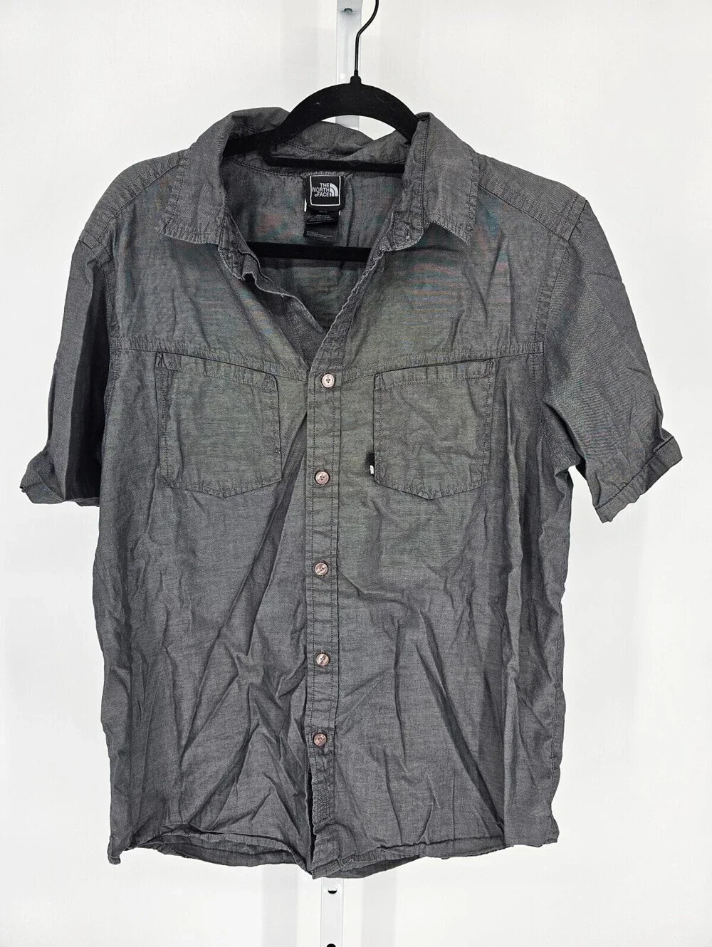 The North Face Mens Sz M Short Sleeve Button Up Shirt Gray Silver